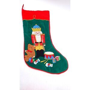 Vintage Embroidered Christmas Stocking Santa Clause Nut Cracker Toys Holiday